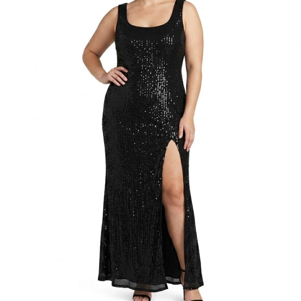 Curvy Sense Black Sequin Evening Gown Side Slit Sleeveless Maxi Dress Size 2XL